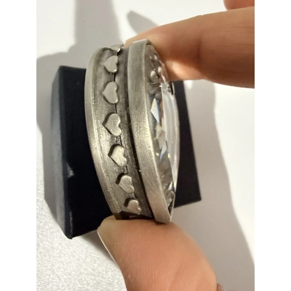 Pewter Tone Finish Hinged Lid Heart Jewelry Trinket Box Mini‎ Crystal Heart Top